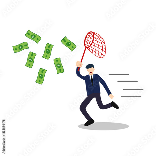Businessman running with a net to catch flying money bills, symbolizing the ambitious pursuit of financial success, wealth acquisition, and market opportunities