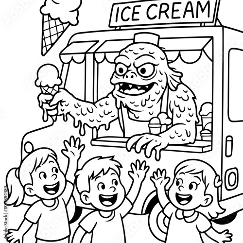Monster ice-cream vendor with kids: a monster is serving ice cream for kids, children are waving to him happily