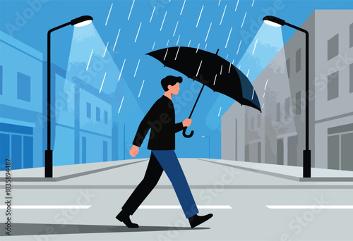 A person walks down a rainy city street under a black umbrella, lit by streetlights. Buildings line the road