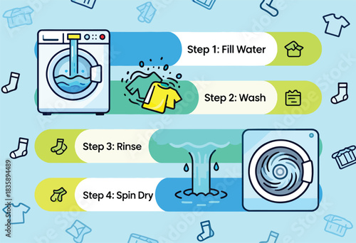 A diagram illustrating the steps of a washing machine's cycle, featuring icons of clothes, water, and socks