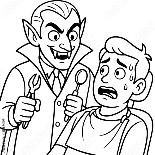 Dentist's Fright: A comic image of a dentist with sharp teeth and a terrified patient, creating a playful representation of fear and dental visit.