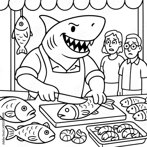 Shark Butcher's Fish Market: A cartoonish shark, wearing a butcher's apron, skillfully prepares a fish at a bustling fish market, while two concerned customers observe.