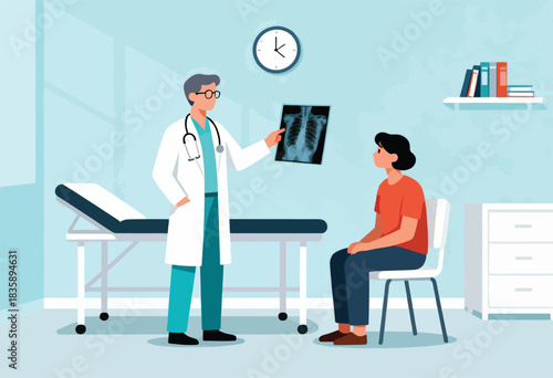 A doctor shows an X-ray to a patient in an exam room, with medical tools