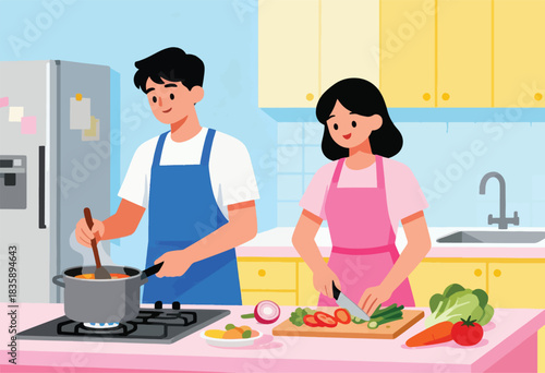 A couple cooks together in a bright kitchen one stirs a pot, the other chops vegetables