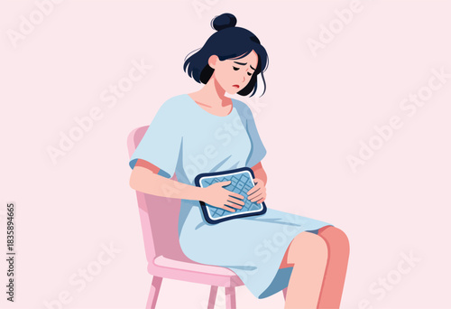 Illustration of a woman in a blue gown, holding a warm compress, sitting on a pink chair, and looking sad