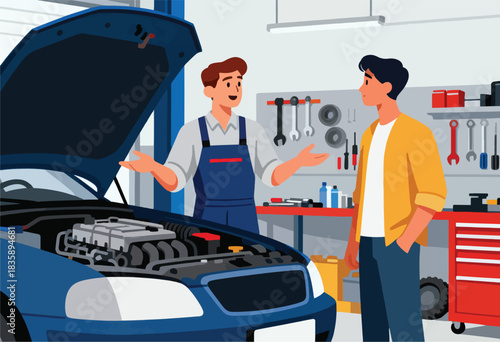 A mechanic explains a car issue to a customer in a garage with tools and a toolbox