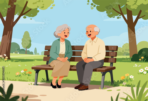 Illustration depicts elderly couple enjoying a sunny day at a park, sitting on a bench and chatting