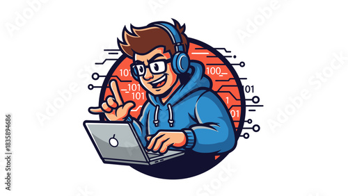 A cartoon programmer with headphones works on a laptop, smiling and gesturing with his finger.