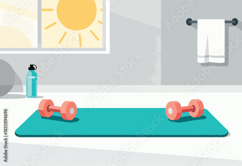 A gym setting with dumbbells on a mat, window with sun illustration, water bottle, and a towel