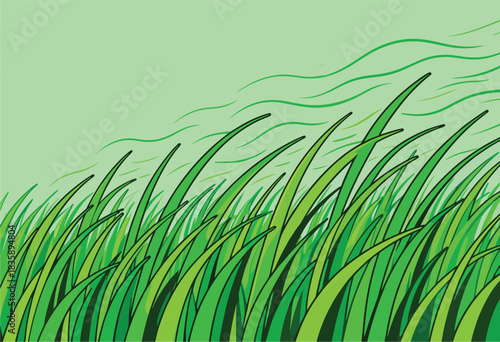A vibrant illustration depicts green blades of grass blowing in the wind against a pale green sky