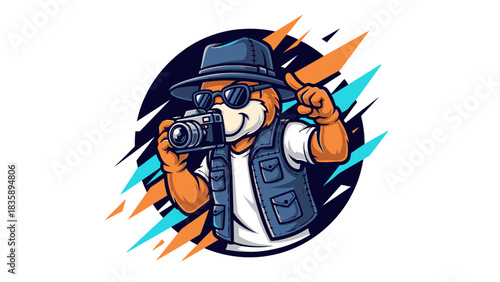 Cartoon fox character wearing a hat and vest, holding a camera and pointing upwards.