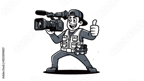 Cartoon cameraman with a professional video camera giving a thumbs up gesture, wearing a vest and cap.