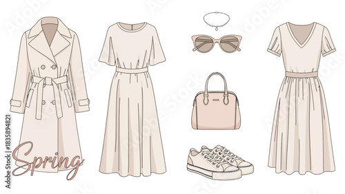 A collection of spring fashion essentials including a trench coat, two dresses, sunglasses, a handbag, and sneakers.