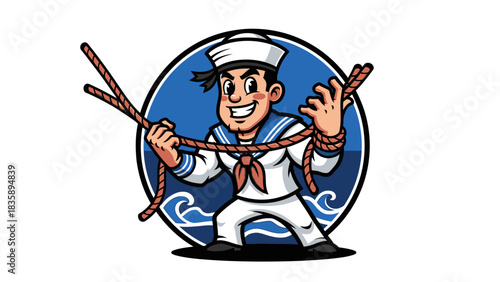 Smiling sailor mascot skillfully tying a rope knot during maritime work