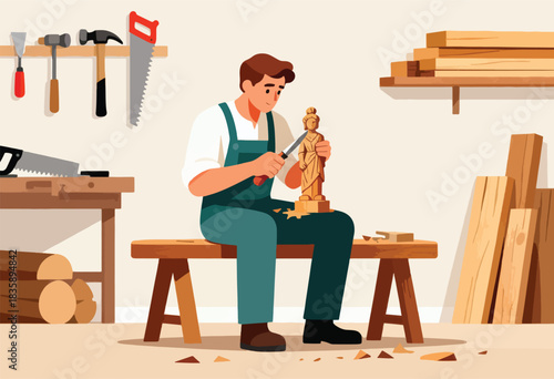 A man carves a wooden statue with tools in a workshop, featuring wood planks and a shelf