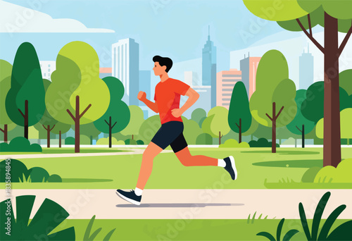 A person in a red shirt and black shorts runs through a park in front of a city skyline