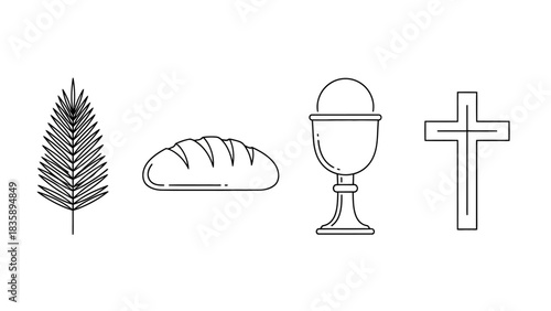 Easter symbols illustration featuring a feather, bread, chalice, and cross on a white background on april 7iuyrr favorite