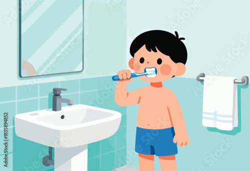 Cartoon boy brushing teeth in a bathroom with a sink, mirror, towel, and blue tiles
