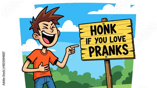 A cartoon boy laughing and pointing at a wooden sign that says "HONK IF YOU LOVE PRANKS" with a blue sky and green foliage background.