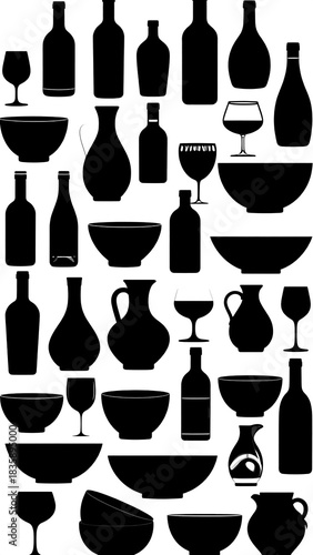 Silhouette Collection of Bottles, Bowls, and Glasses.
