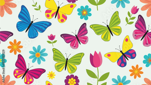 A vibrant and colorful illustration featuring a variety of butterflies and flowers in a whimsical pattern.