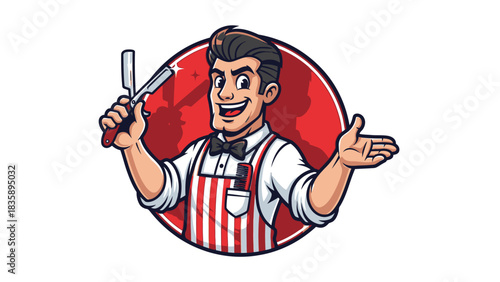 Smiling stylish cartoon barber holding a straight razor