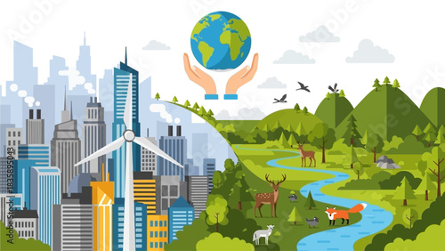 Illustration depicting the contrast between urban development and environmental preservation, with hands cradling the Earth.