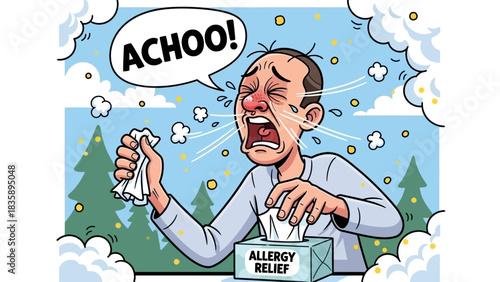 Cartoon of a man sneezing with allergies, holding a tissue and box of allergy relief tissues.