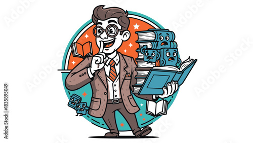 Cartoon man with glasses holding a book, gesturing silence, surrounded by books with faces, against a circular background.