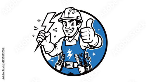 Cheerful electrician holding lightning bolt, giving a thumbs-up gesture, showing approval.