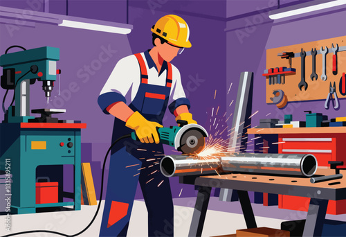 A worker in a workshop wearing protective gear cuts through metal tubing with a grinding tool, sparks flying