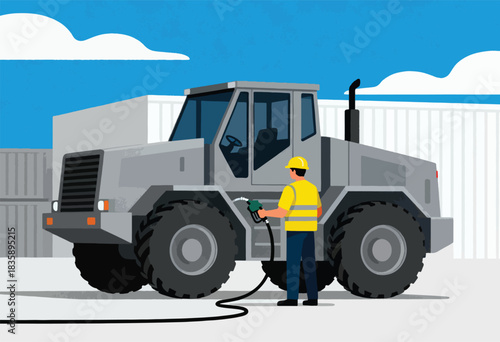 Cartoon depicts a worker in safety vest fueling a large industrial vehicle near stacked shipping containers