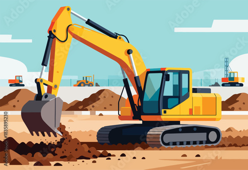 A vibrant illustration depicts a yellow excavator digging into brown earth, with two other construction vehicles in the background