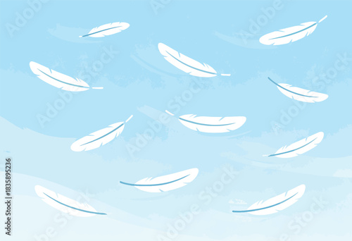 White stylized feathers drifting gently against a soft blue sky with a subtle textured effect