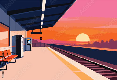 A stylised illustration captures a train platform at sunset, with geometric forms and warm colors