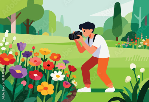 A flat illustration of a person taking photos of colorful flowers in a green garden with trees in the background