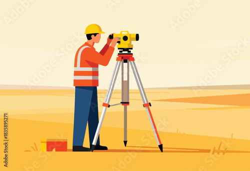 A person in workwear operates surveying equipment on a tripod in a desert-like landscape