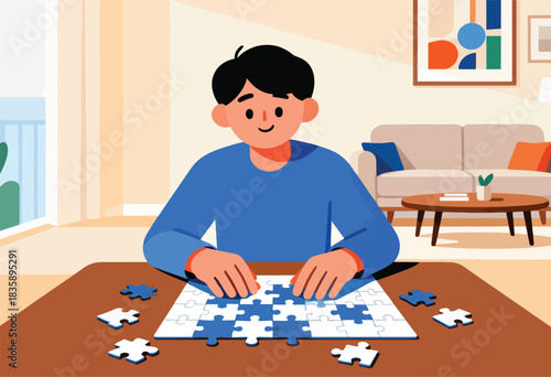 An illustrated person in a room is assembling a jigsaw puzzle on a brown table with other furniture present