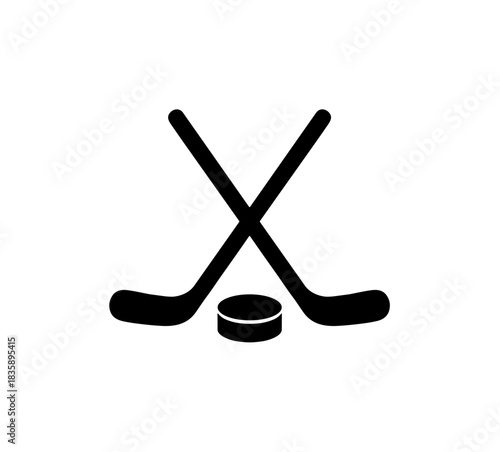 Simple Silhouette Crossed Hockey Sticks and Puck Sport Illustration