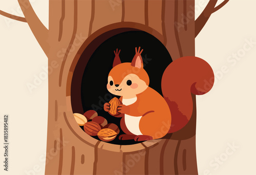 A cute orange squirrel holds a nut by a tree opening, which has nuts in the interior. Simple illustration