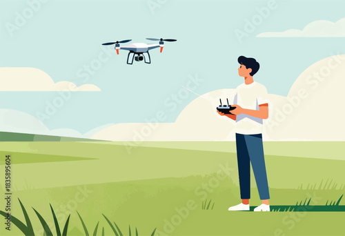 A man uses a remote control to fly a drone outdoors in a green field with cloudy skies