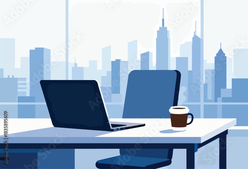 An office scene, showcasing a laptop, coffee, chairs, and cityscape outside a window, all in blue hues
