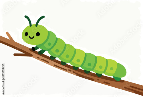 A cute cartoon caterpillar with a smiling face crawls along a brown tree branch, on a white background