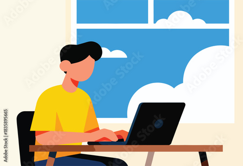 A person in a yellow shirt works on a laptop, a window with clouds appears to the right