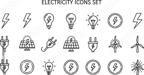Electricity and power icon set hand drawn style