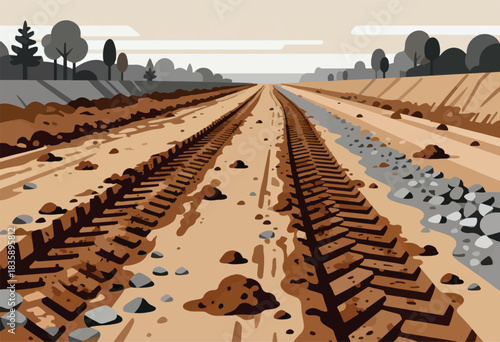 Stylized view of a dirt road with tire tracks, surrounded by trees and a neutral sky