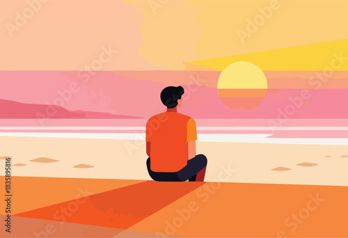 A person sits, back to viewer, gazing at a sunset over the sea. Calm, colorful landscape illustration