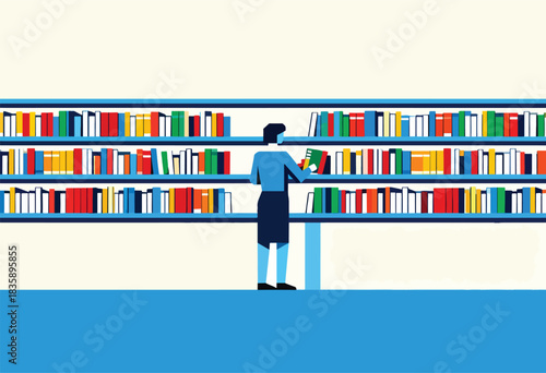 A simplified illustration shows a person choosing a book from a colorful bookshelf. Bookshelves fill top, with blank space