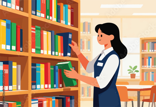 A librarian reaching for a book amidst colorful bookshelves in a library setting with tables and chairs