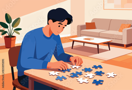 A man in a blue shirt puts together a jigsaw puzzle on a table. A couch and plant decorate the room
